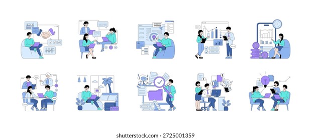 Conjunto de ilustrações vetoriais que mostram as pessoas colaborando em vários cenários de negócios e de tecnologia. As cenas incluem trabalho em equipe, análise de dados, trabalho remoto e discussões sobre criptomoedas. Os caracteres são