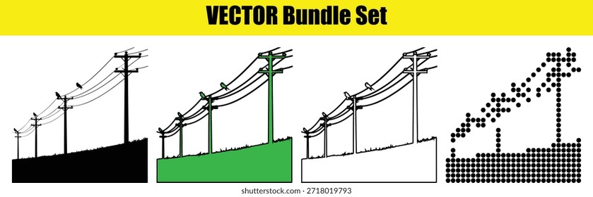 Set of vector illustrations showing power lines and wind turbines