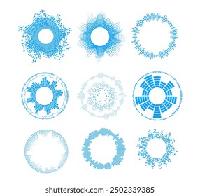 Conjunto de Ilustraciones vectoriales que muestran ondas de sonido, marcos radiales azules sobre un fondo aislado blanco limpio. Cuenta con un diseño de partículas circulares, ideal para ecualizadores de música.