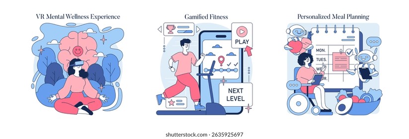 Set of vector illustrations showing virtual reality meditation, gamified fitness on a treadmill, and personalized meal planning with a robotic assistant. Emphasizes modern wellness technology.