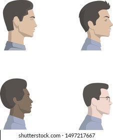 Set of vector illustrations with side view of a face of a handsome man