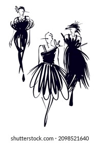 a set of vector illustrations, silhouettes drawn with a pen and brush with a thin and thick line of stylized models walking along the catwalk in designer dresses