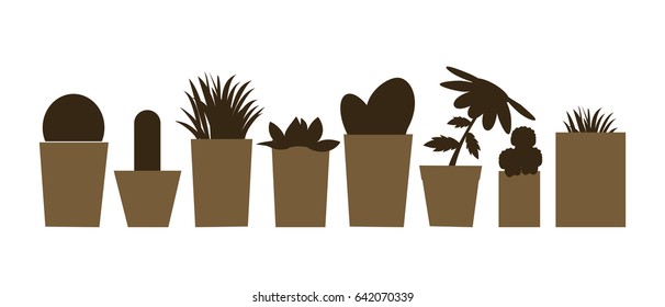 Set of vector illustrations and silhouettes of flower pots with cacti and plants isolated on white background