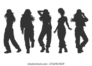 Set vector illustrations silhouettes hip hop dancer performing on stage. Bundle monochrome design urban street dance artist. Female dancer with various style, pose, gesture and freestyle choreography.