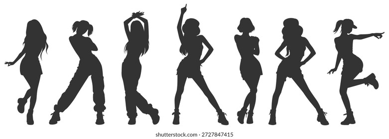 Set vector illustrations silhouettes kpop idol singing and dancing on stage. Bundle monochrome design kpop music star. Female dancer, rapper, singer with various style, pose, gesture and choreography.