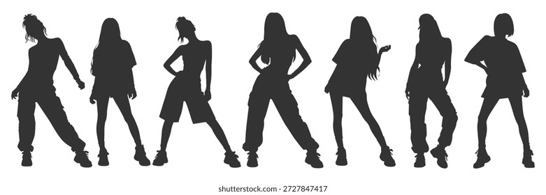 Set vector illustrations silhouettes kpop idol singing and dancing on stage. Bundle monochrome design kpop music star. Female dancer, rapper, singer with various style, pose, gesture and choreography.