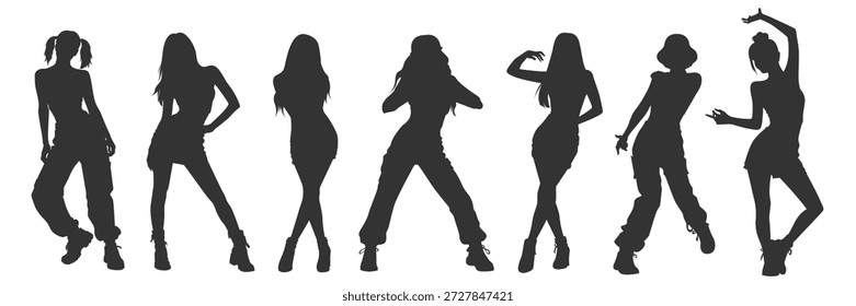 Set vector illustrations silhouettes kpop idol singing and dancing on stage. Bundle monochrome design kpop music star. Female dancer, rapper, singer with various style, pose, gesture and choreography.