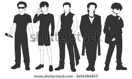 Set vector illustrations of silhouettes kpop idols singing and dancing on stage. Flat vector kpop boyband. Male dancers with various different styles, poses and choreography.