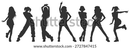 Set vector illustrations silhouettes kpop idol singing and dancing on stage. Bundle monochrome design kpop music star. Female dancer, rapper, singer with various style, pose, gesture and choreography.
