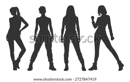 Set vector illustrations silhouettes kpop idol singing and dancing on stage. Bundle monochrome design kpop music star. Female dancer, rapper, singer with various style, pose, gesture and choreography.