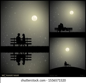 Set of vector illustrations with silhouettes of lovers in park on moonlit night. Loving couple sitting on bench. Full moon in starry sky