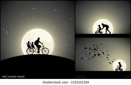 Set of vector illustrations with silhouettes of people in park on moonlit night. Father with children on bicycle. Woman teaching boy to ride bike. Boy on bike and pigeons. Full moon in starry sky