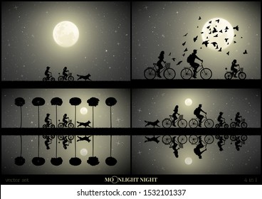 Set of vector illustrations with silhouettes of people in park on moonlit night. Children on bicycles and running dog. Boy and girl on bikes. Active family vacation. Full moon in starry sky