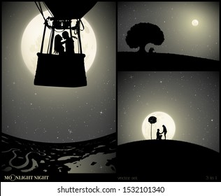 Set of vector illustrations with silhouettes of people in park on moonlit night. Lovers in balloon. Loving couple under tree on hill. Romantic marriage proposal. Full moon in starry sky