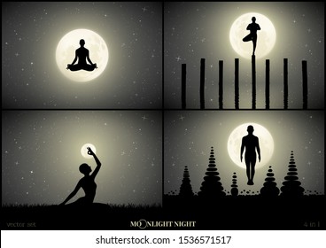 Set of vector illustrations with silhouettes of people doing yoga in park on moonlit night. Yoga girl in lotus pose. Yogi standing on log. Mountain Pose, Tadasana. Full moon in starry sky