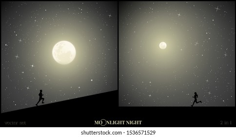 Set of vector illustrations with silhouettes of people on moonlit night. Man runs uphill. Girl running in park. Full moon in starry sky