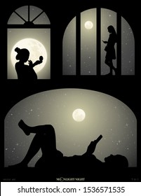 Set of vector illustrations with silhouettes of people in windows on moonlit night. Lying woman with mobile phone. Girl with mirror doing makeup. Full moon in starry sky