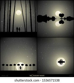 Set of vector illustrations with silhouettes of people in park on moonlit night. Lovers in forest between trees. Loving couple on boat. Landscape with tree in shape of heart. Full moon in starry sky
