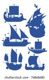 set of vector illustrations of silhouettes of sailing ships