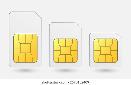 Set of vector illustrations of SIM cards of different sizes (standard, micro, nano) on isolated background. Suitable for projects related to telecommunications, mobile communications or technology.