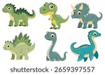 A set of vector illustrations in a simple cartoon style. Cute dinosaurs with big eyes on a white background.