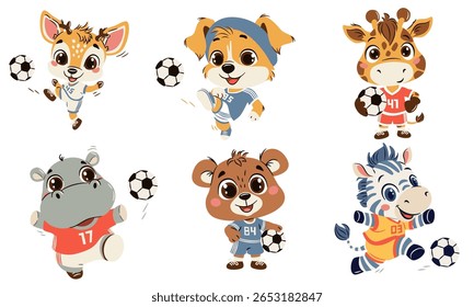 Conjunto de ilustrações vetoriais em um estilo infantil simples sobre tema de futebol. Animais em uniformes de futebol chutando uma bola. Girafa, filhote de filhote de filhote de filhote de hipopótamo e zebra sobre fundo branco
