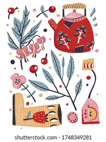 Set of vector illustrations in simple style with teapot, rain boots, berries, flowers, and plants. Poster for cover design with early spring set illustration
