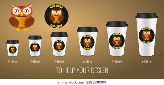 Set of vector illustrations of single layer paper cups in different sizes with owl logo. Owl drinks coffee. Help graphic designer.
