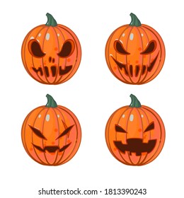 Set of Vector illustrations with sinister jack o lantern, Halloween orange pumpkins isolated on a white background. Hand drawn Angry, laughing, furious faces. October party scary cartoon clipart.