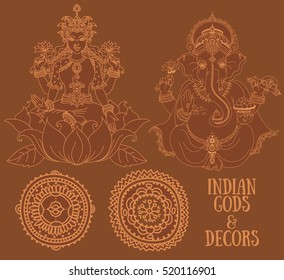 Set of vector illustrations with sitting Lord Ganesha and indian goddes Lakshmi