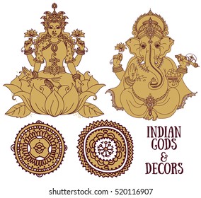 Set of vector illustrations with sitting Lord Ganesha and indian goddes Lakshmi