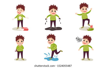 Set Of Vector Illustrations With Six Boys Of Destructive Behaviour Cartoon Characters