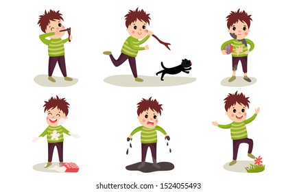 Set Of Vector Illustrations With Six Boys Of Destructive Behaviour Cartoon Characters