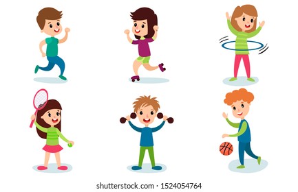 Set Of Vector Illustrations With Six Children Of Different Physical Activity Cartoon Characters