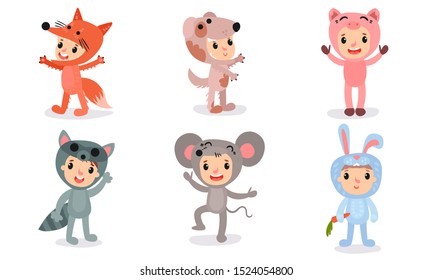 Set Of Vector Illustrations With Six Children In Different Christmas Or Baby Holiday Costumes