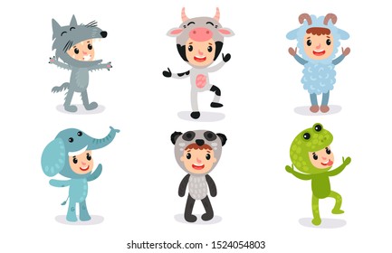 Set Of Vector Illustrations With Six Children In Different Christmas Or Baby Celebrating Costumes