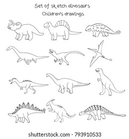 Set of vector illustrations of sketch black and white contour outline primitive dinosaurs drawn with a tablet, hand drawn imitation, children's drawings style