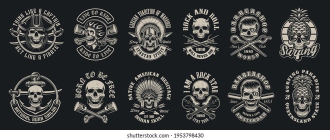 Set of vector illustrations of skulls on the themes: biker, pirate, warrior, barbershop, rock roll, surfing. Perfect for T shirt design and many other uses