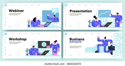 Set of vector illustrations. Slide presentation, web page, cover. Webinar, Presentation, Workshop and Businessmen. Business illustration in modern style, mosaic, vector polygons.