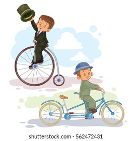 Set of vector illustrations small children on vintsge bicycles