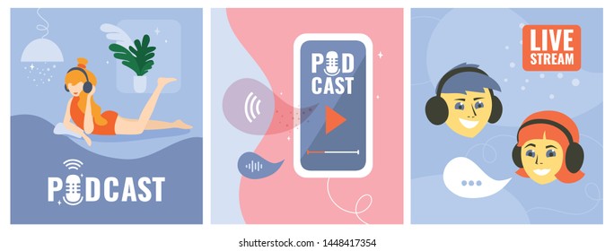 Set of vector illustrations with smartphone and logo Podcast on the screen,bloggers, studio table microphone,live stream, boy and girl in headphones. Templates for web page, banner, blog post, prints.