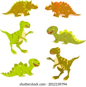 Set of vector illustrations of smiling dinosaurs. Flat cartoon illustrations for kids decor and banners.