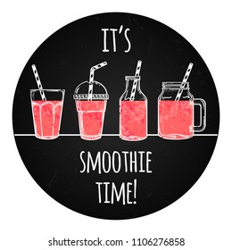 Set of vector illustrations smoothie or fresh juice with drinking straws. Collection of hand drawn cups, mugs and glasses with healthy summer cocktails. Smoothie menu.