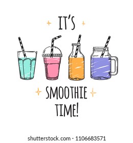 Set Of Vector Illustrations Smoothie Or Fresh Juice With Drinking Straws. Collection Of Hand Drawn Cups, Mugs And Glasses With Healthy Summer Cocktails. Smoothie Menu.