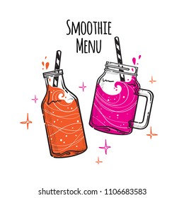 Set of vector illustrations smoothie or fresh juice with drinking straws. Collection of hand drawn cups, mugs and glasses with healthy summer cocktails. Smoothie menu.