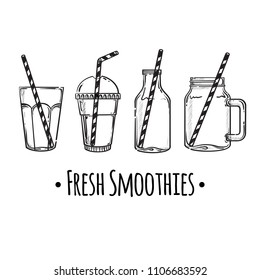 Set of vector illustrations smoothie or fresh juice with drinking straws. Collection of hand drawn cups, mugs and glasses. Smoothie menu.