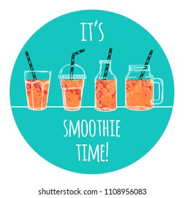 Set of vector illustrations smoothie or fresh juice with drinking straws. Collection of hand drawn cups, mugs and glasses with healthy summer cocktails. Smoothie menu.