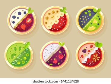 Set of vector illustrations of smoothies bowls. Tasty and healthy breakfast. Fruits, berries, seeds and nuts. Useful organic food for vegan and vegetarian. Isolated, flat design, minimal trendy style.