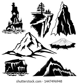 Set of vector illustrations of snowy mountain landscapes on white background. Collection of cliff, rock, iceberg, peak, granite stones, rush. Elements for banner of tourism and alpinism