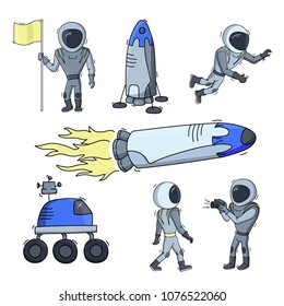 Set of vector illustrations of space objects: astronaut, comet, ship, rocket launch, shuttle, rover. Doodle cartoon outline space symbol. Collection of space vector icons. 